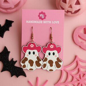 Cowgirl Ghost Earrings,  Pink Western Halloween Dangle Cute Spooky Kawaii